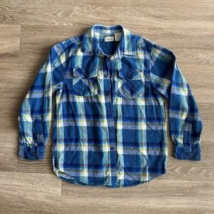 LL Bean Plaid Flannel Button Shirt Youth Boys Medium 10-12 Long Sleeve Blue